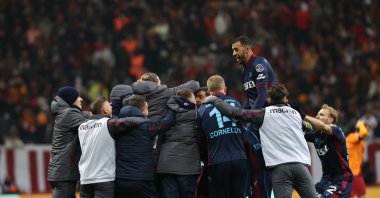 Trabzonspor players celebrate after Edin Visca (18) scores a goal at Nef Stadium in Istanbul, Turkey, Jan. 23, 2022. (AA Photo)