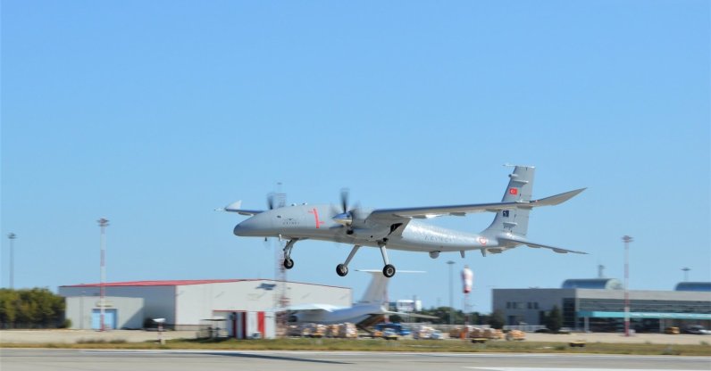 The unmanned combat aerial vehicle (UCAV) Akıncı is seen in the air during its second test flight, Tekirdağ province, northwestern Turkey, Aug. 19, 2020. (Photo by Baykar via DHA)