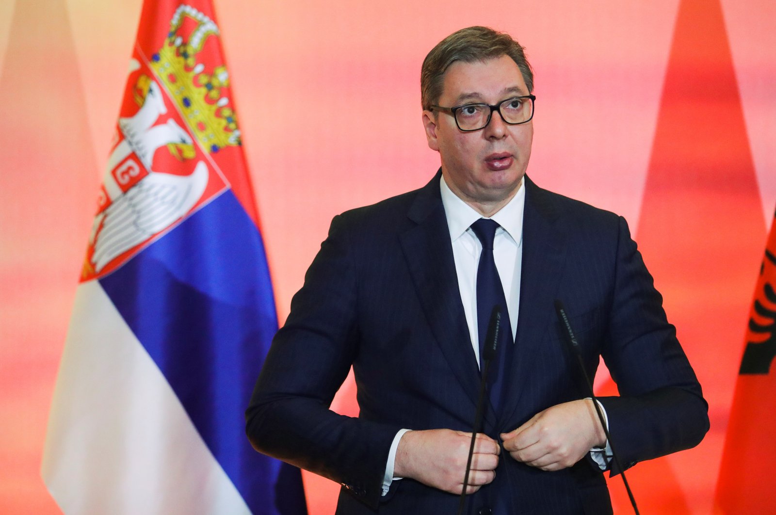 Serbia&#039;s President Aleksandar Vucic gestures during a conference of the Open Balkan summit at the Palace of Brigades in Tirana, Albania, Dec. 21, 2021. (Reuters File Photo)