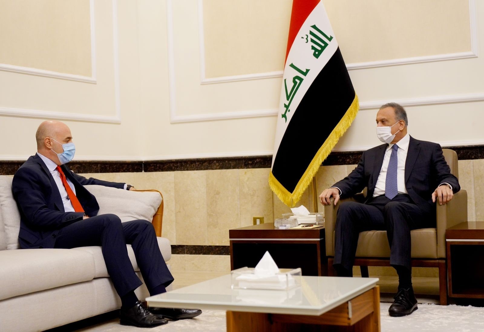 Ankara’s envoy to Iraq Ali Rıza Güney and Prime Minister Mustafa al-Kadhimi discuss ties in Iraq, Jan. 23, 2022 (IHA Photo)
