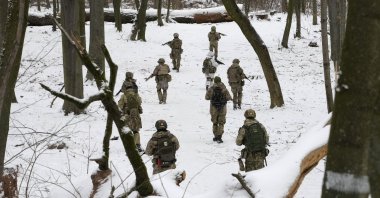Members of Ukraine's Territorial Defense Forces, volunteer military units of the armed forces, train in a city park in Kyiv, Ukraine, Jan. 22, 2022. (AP Photo)