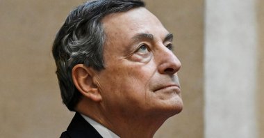 Prime Minister Mario Draghi stands as he welcomes the Indian prime minister upon his arrival for their meeting at the Chigi Palace in Rome, Italy, Oct. 29, 2021. (AFP Photo)