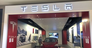 A Tesla car dealership in Ross Park Mall in Ross Township, Pennsylvania, U.S., March 16, 2021. (AP Photo)