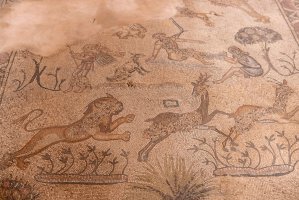 A mosaic floor is pictured during the inauguration of Mukheitim archaeological site, which houses the remnants of a Byzantine church, Jabalia, northern Gaza Strip, Jan. 24, 2022. (Photo by AFP)