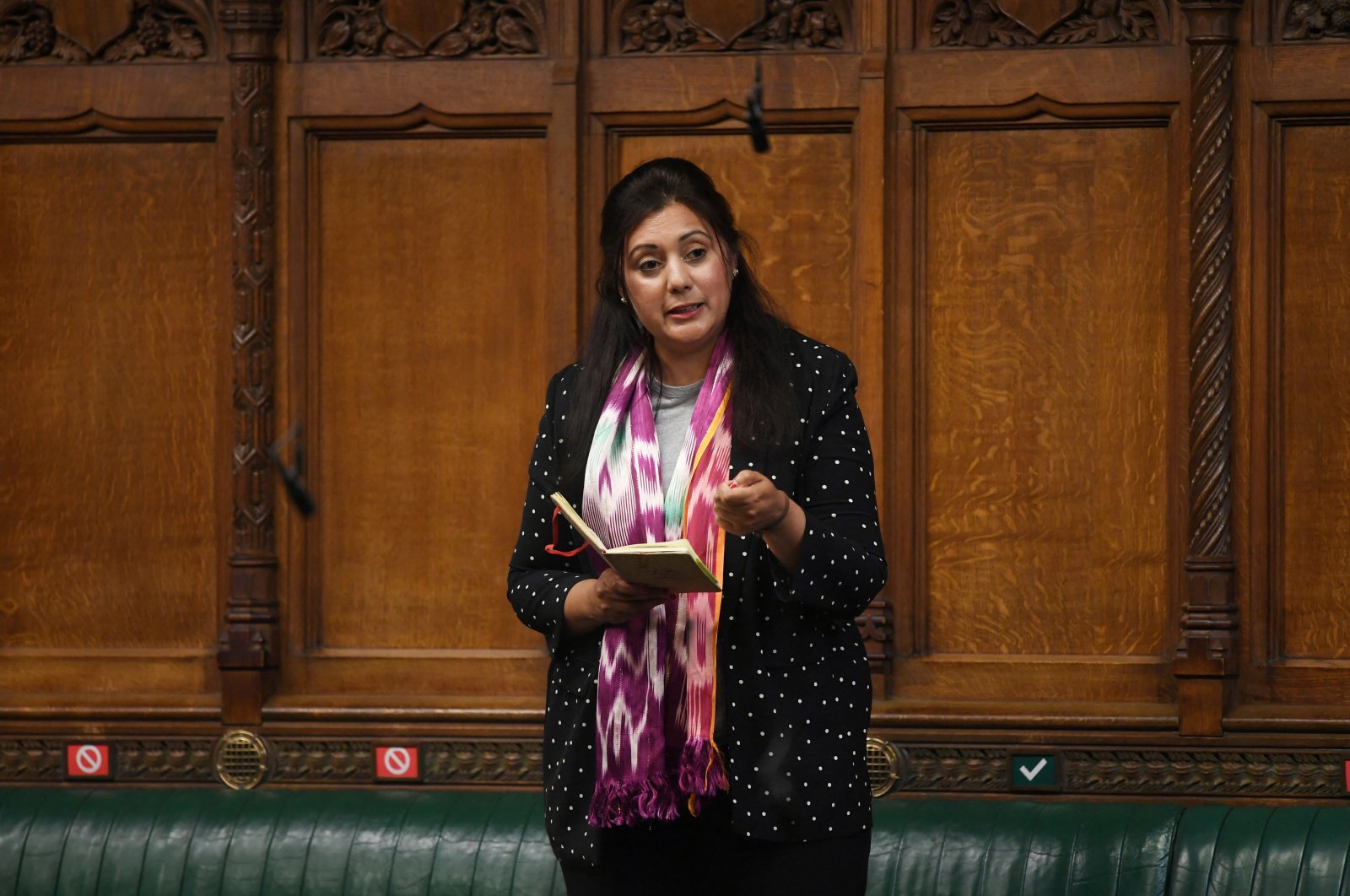 Former junior transport minister Nusrat Ghani speaks during a session in Parliament in London, Britain, May 12, 2021. (UK Parliament/Jessica Taylor/Handout via Reuters)