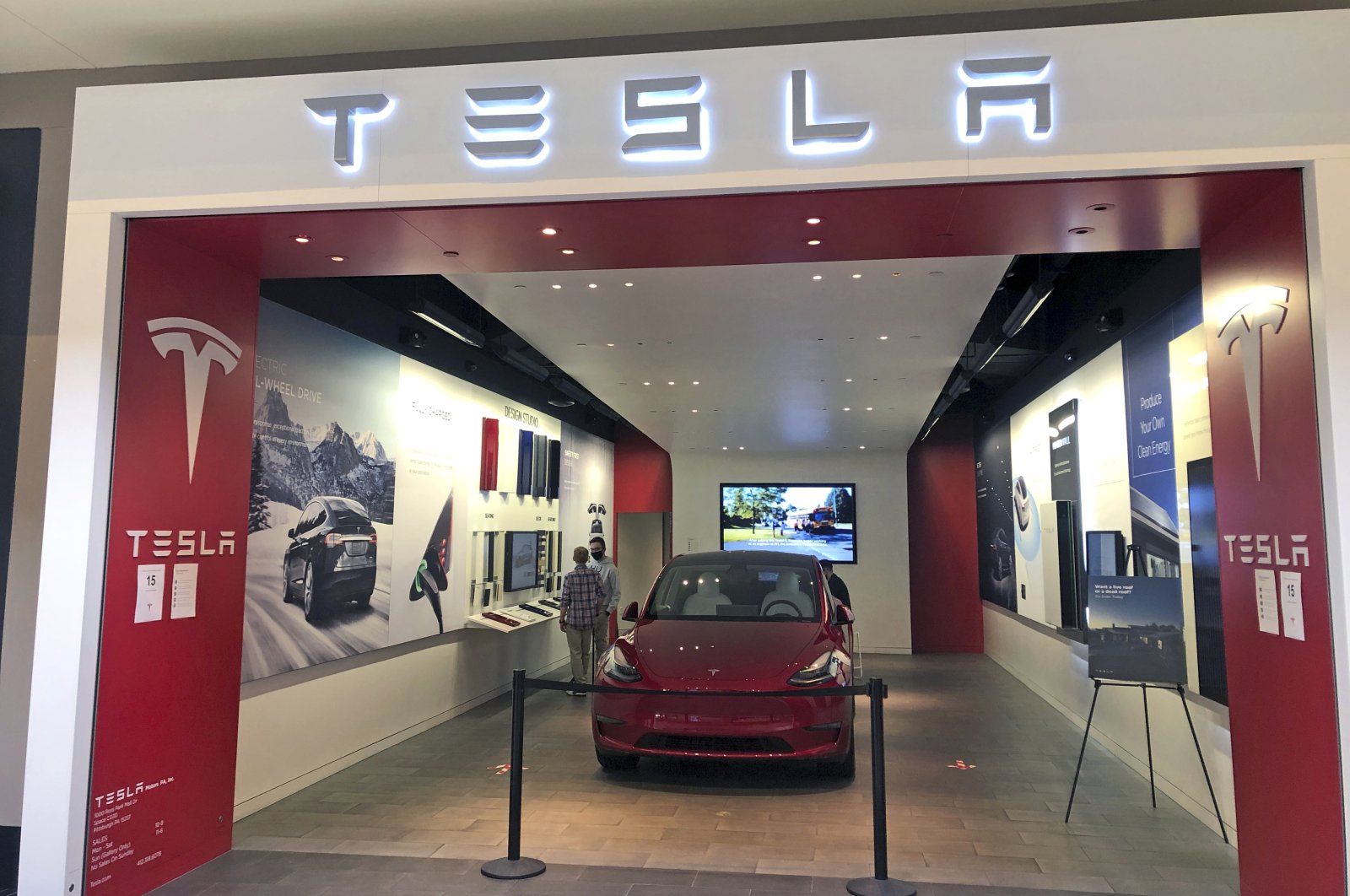 A Tesla car dealership in Ross Park Mall in Ross Township, Pennsylvania, U.S., March 16, 2021. (AP Photo)