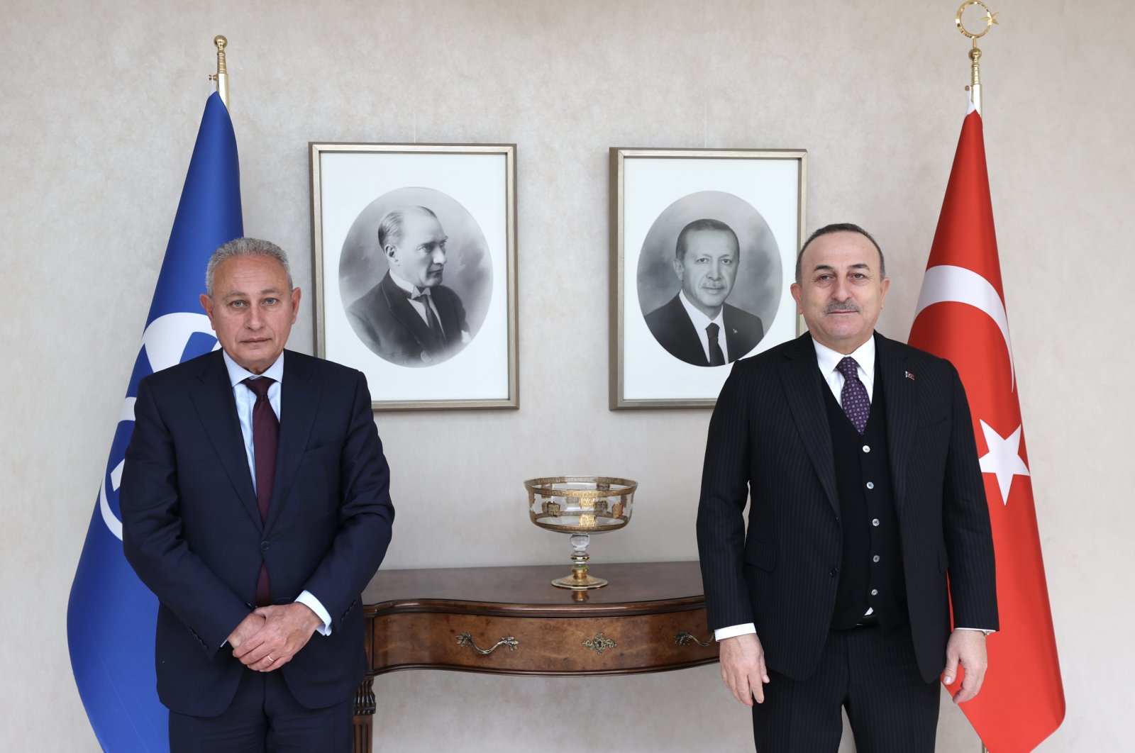Turkey&#039;s Foreign Ministery Mevlüt Çavuşoğlu (R) and Nasser Kamel, the secretary-general of the Union for the Mediterranean (UfM) during their meeting in Ankara, Turkey, Jan. 24, 2022. (AA Photo)