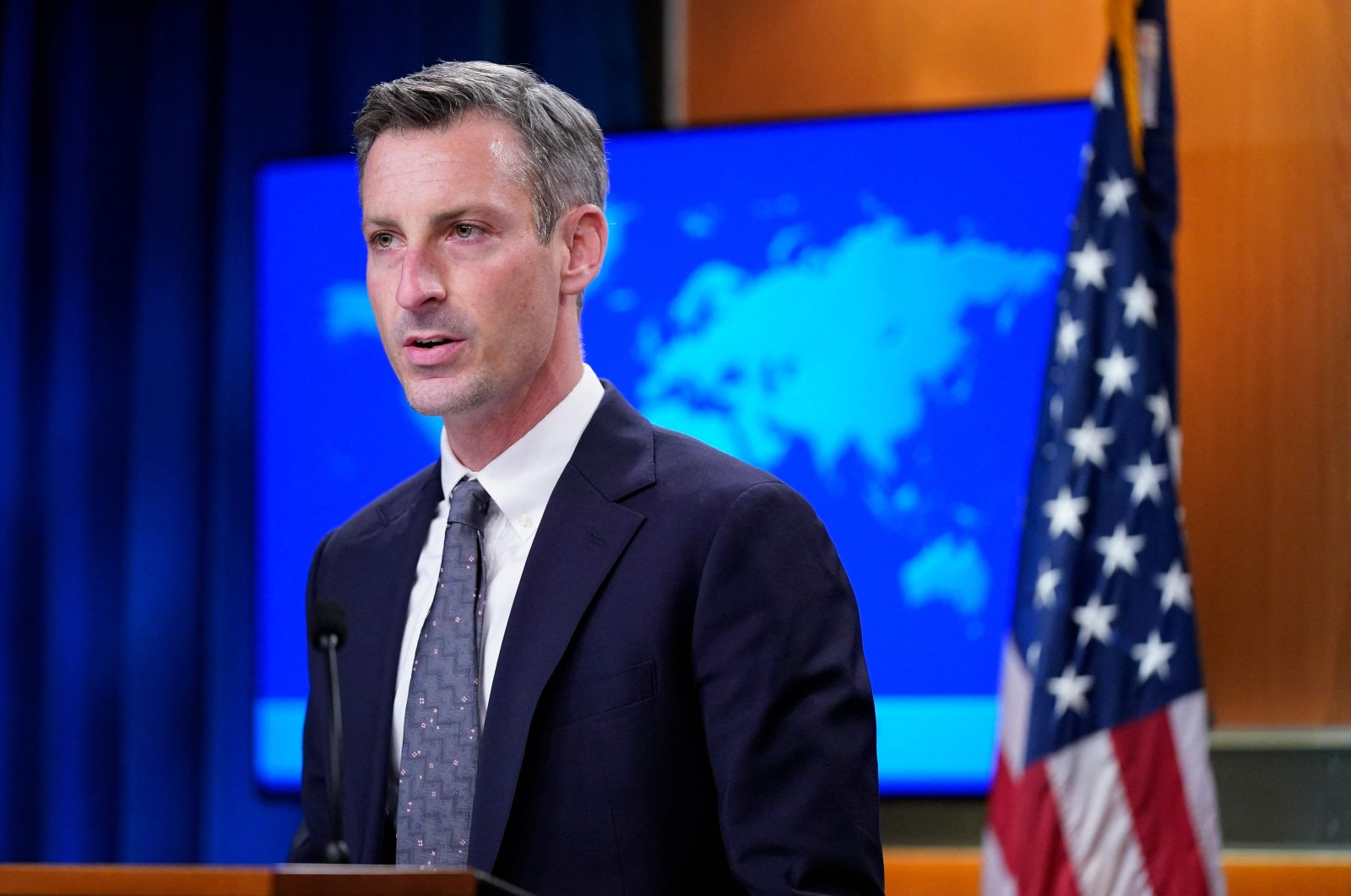 State Department spokesperson Ned Price speaks during a press briefing at the US State Department in Washington, DC, on January 24, 2022. (Photo by Patrick Semansky / POOL / AFP)