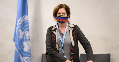 Special Representative of the U.N. Secretary-General for Political Affairs in Libya Stephanie Williams wearing a face mask attends the talks between the rival factions in the Libya conflict at the United Nations offices in Geneva, Switzerland, Oct. 20, 2020 . (Reuters File Photo)