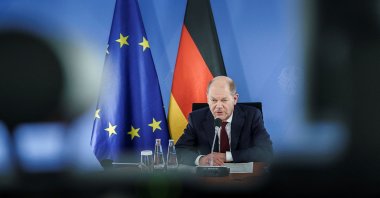 German Chancellor Olaf Scholz in a video conference with U.S. President Joe Biden and European leaders speaking about Russia and Ukraine from the chancellery in Berlin, Germany, Jan. 24, 2022. (Reuters Photo)