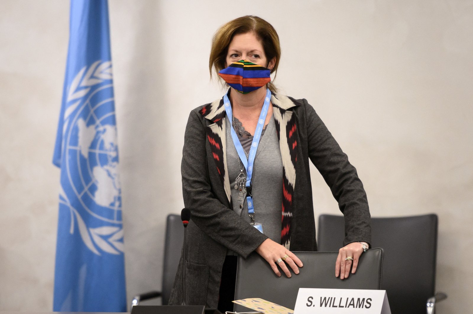 Special Representative of the U.N. Secretary-General for Political Affairs in Libya Stephanie Williams wearing a face mask attends the talks between the rival factions in the Libya conflict at the United Nations offices in Geneva, Switzerland, Oct. 20, 2020 . (Reuters File Photo)