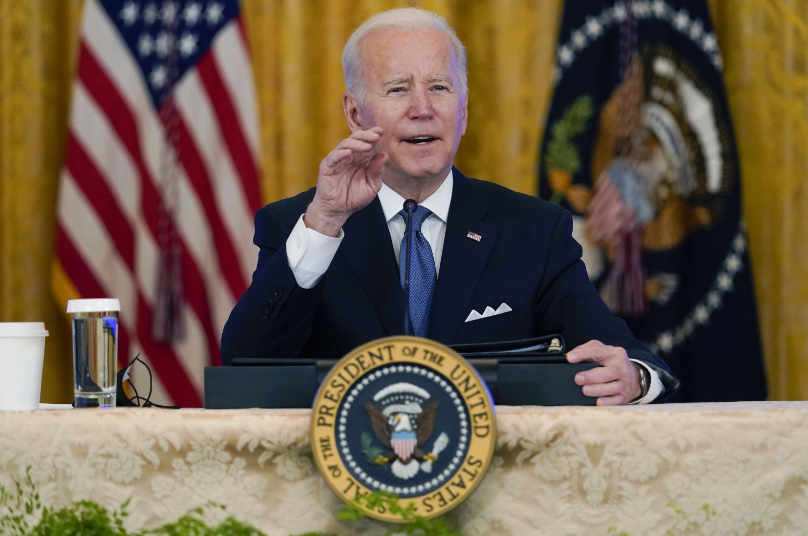 President Joe Biden speaks during a meeting on efforts to lower prices for working families, in the East Room of the White House in Washington, U.S., Jan. 24, 2022. (AP Photo)