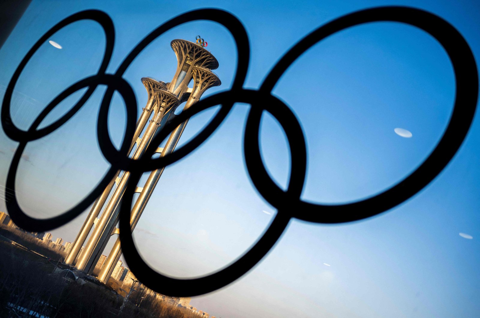 The Beijing Olympic Tower is seen from the Main Media Centre (MMC), Beijing, China, Jan. 25, 2022. (AFP Photo)