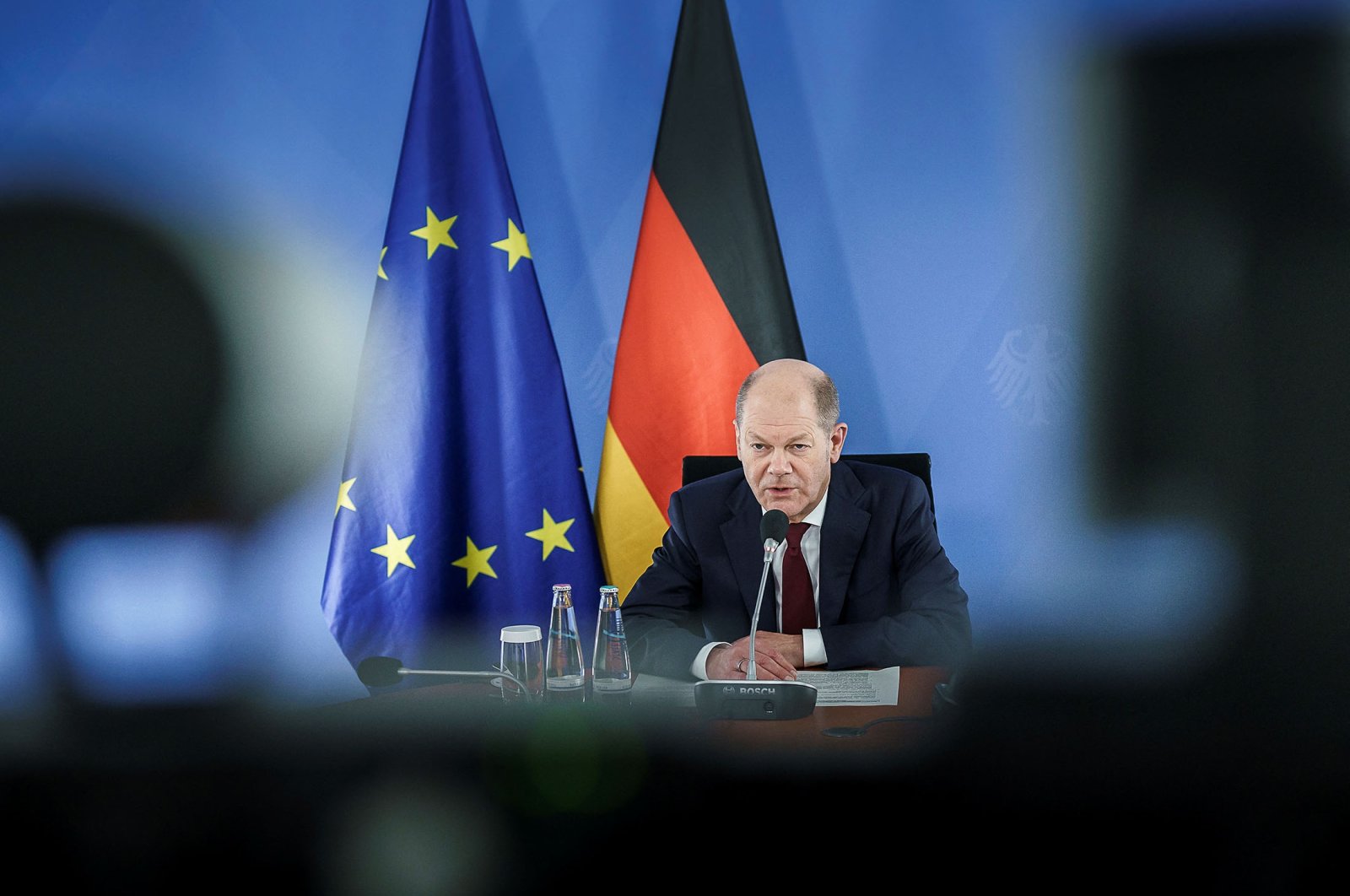 German Chancellor Olaf Scholz in a video conference with U.S. President Joe Biden and European leaders speaking about Russia and Ukraine from the chancellery in Berlin, Germany, Jan. 24, 2022. (Reuters Photo)