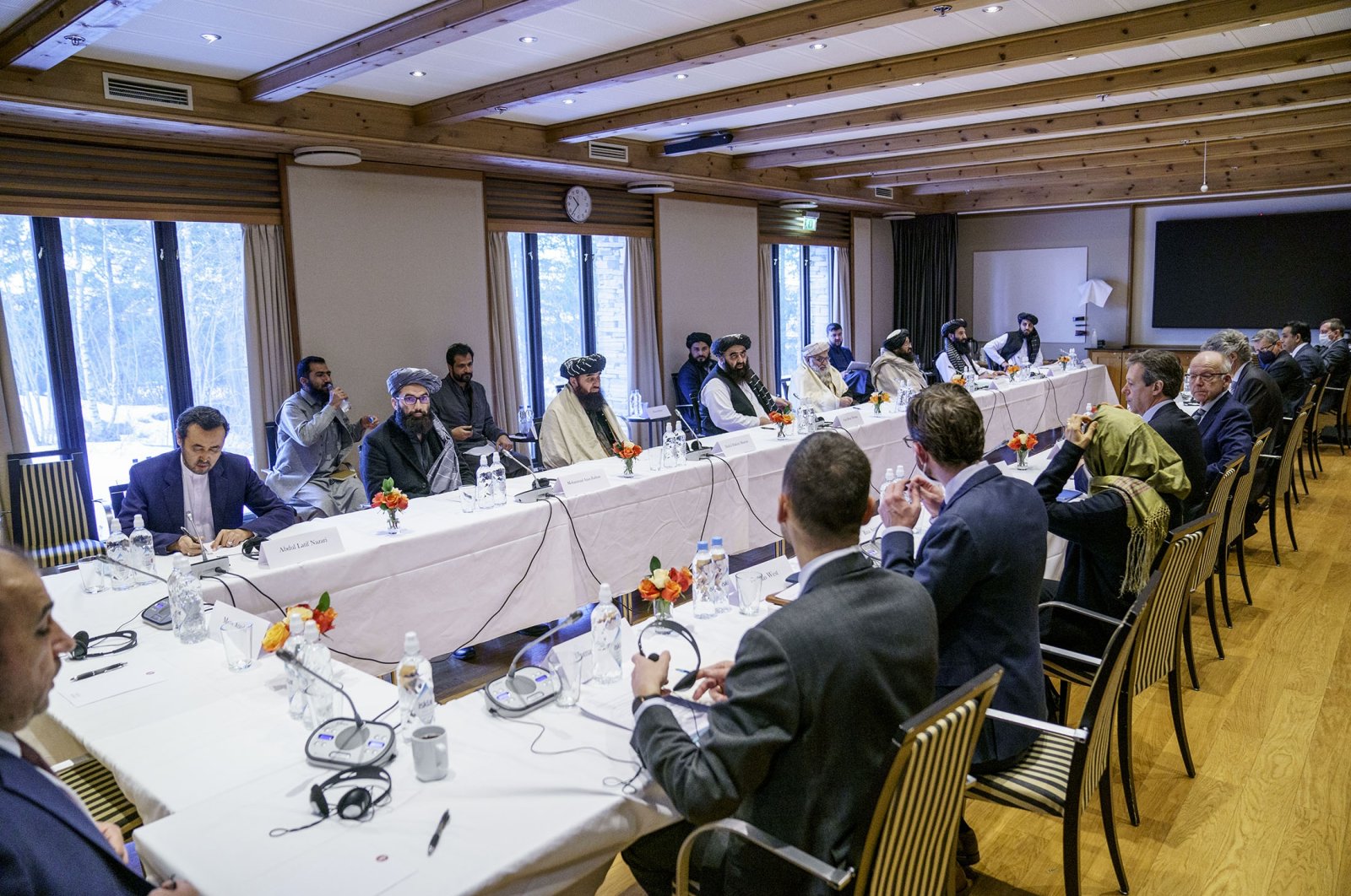 International special representatives and representatives from the Taliban take part in a meeting, in Oslo, Norway, Jan. 24, 2022. (AP Photo)