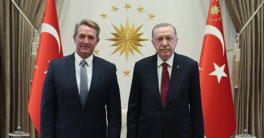 President Recep Tayyip Erdoğan and the recently appointed ambassador of the United States to Turkey, Jeffrey Lane Flake, capital Ankara, Turkey, Jan. 26, 2022. (AA Photo)