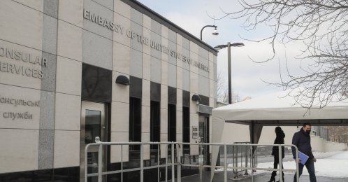A view of the entrance of the U.S. Embassy in Kyiv, Ukraine, Jan. 24, 2022. (EPA Photo)