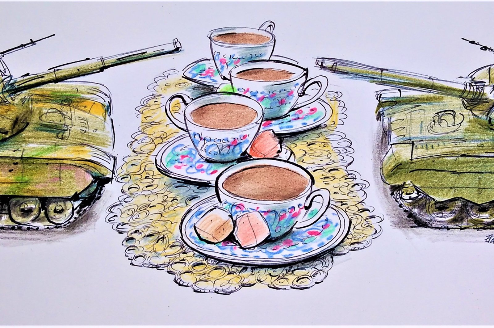An illustration by Erhan Yalvaç shows Turkish coffee in a traditional Turkish cup with sweets, in reference to Ankara&#039;s meditation efforts between the parties in the ongoing Ukraine crisis.