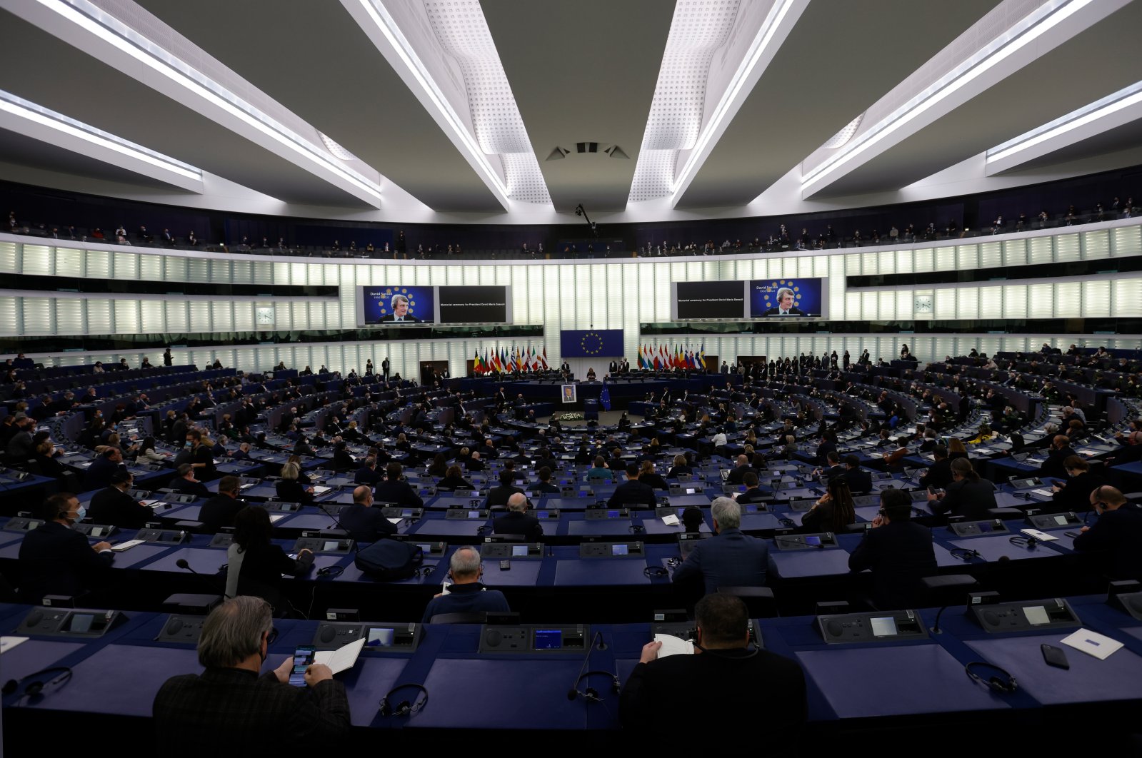 Members of the European Parliament pay tribute to the memory of the late former President of the European Parliament David Sassoli, Brussels, Belgium, Jan.17, 2022 (Reuters Photo)