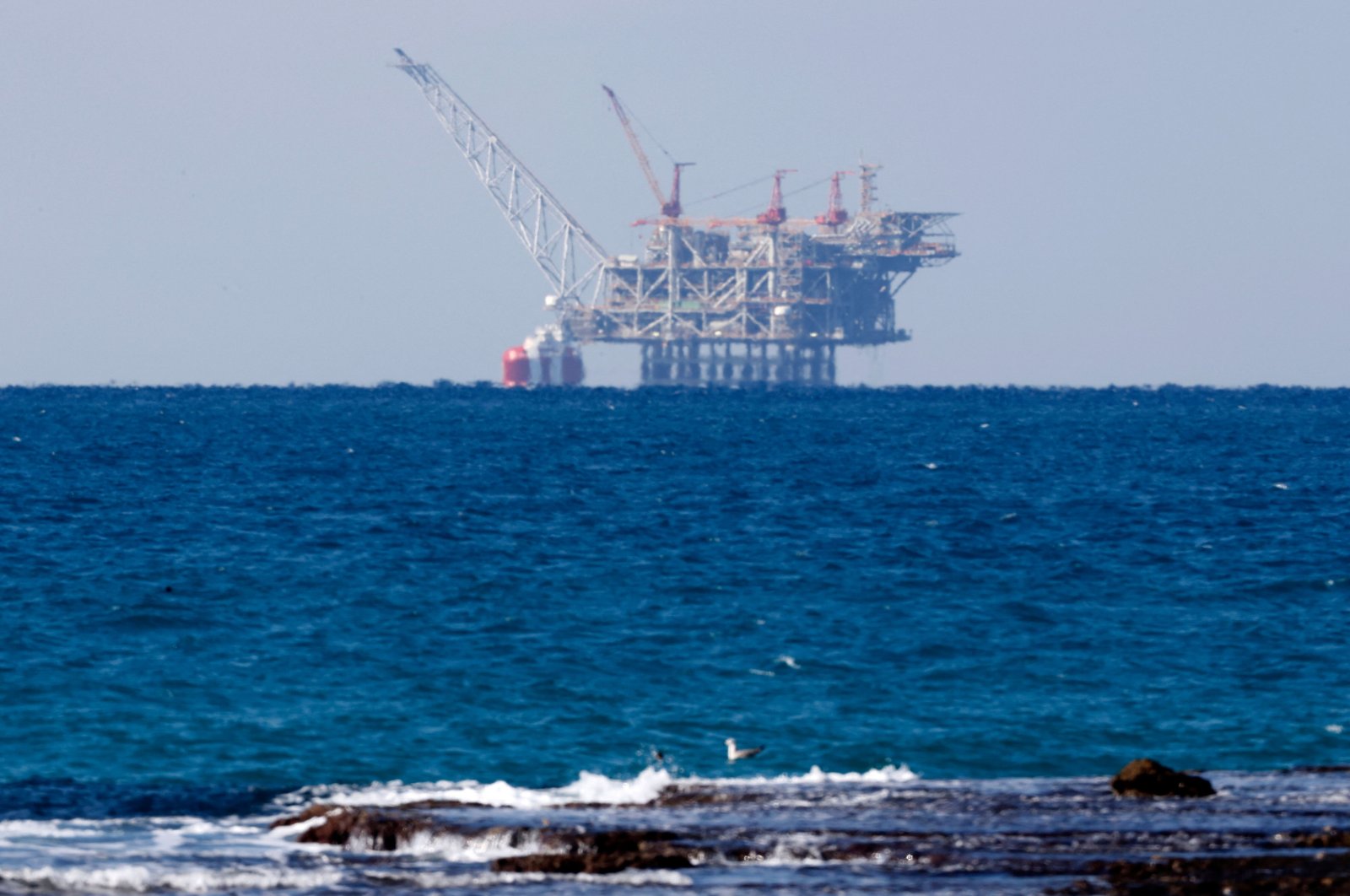 A view of the platform of the Leviathan natural gas field in the Mediterranean Sea is pictured from the northern coastal city of Caesarea, Israel, Jan. 25, 2022. (AFP Photo)