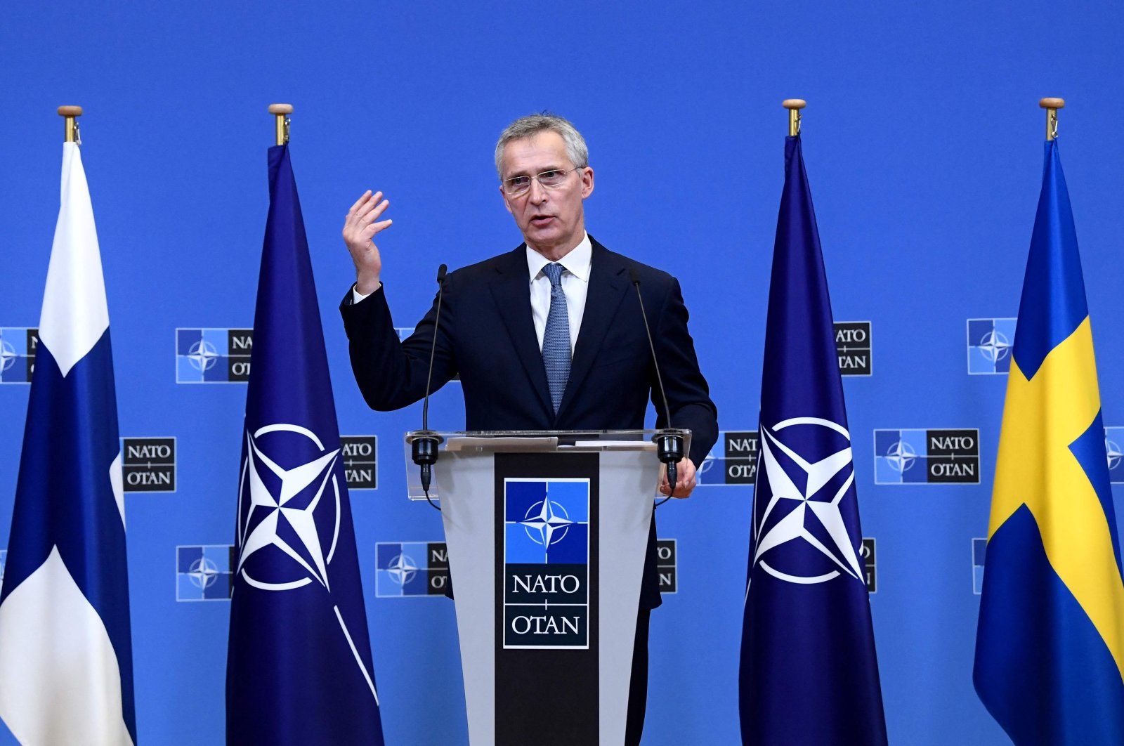 NATO Secretary-General Jens Stoltenberg speaks during a joint press with Sweden and Finland&#039;s foreign ministers after their meeting at the NATO headquarters in Brussels, Belgium, Jan. 24, 2022. (AFP Photo)