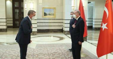 President Recep Tayyip Erdoğan (R) meets with the newly appointed U.S. Ambassador to Turkey Jeff Flake (L) at the Presidential Complex in Ankara, Turkey, Jan. 26, 2022. (Photo by TURKISH PRESIDENTIAL PRESS SERVICE / AFP)
