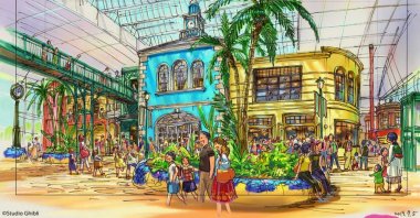 Concept art shows the Large Warehouse Area at the Studio Ghibli theme park. (Courtesy of Studio Ghibli)