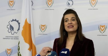 Greek Cypriot Energy Minister Natasa Pilides talks to the media during a press conference at the Energy Ministry in Nicosia (Lefkoşa), Greek Cyprus, Jan. 27, 2022. (AP Photo)