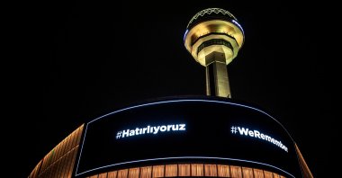 The Atakule was illuminated with video mapping as part of International Holocaust Remembrance Day, Ankara, Turkey, Jan. 27, 2022. (AA Photo)