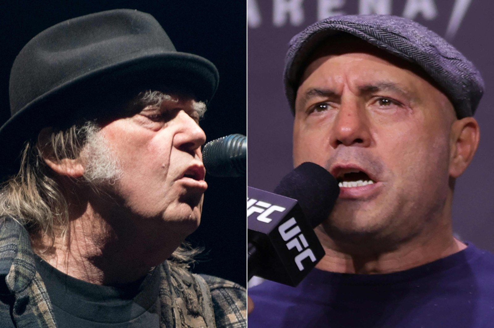 This combination of pictures created on Jan. 25, 2022 shows singer Neil Young (L) performing during the Festival d&#039;Ete in Quebec City, Canada, on July 7, 2018; and Joe Rogan speaking at the UFC 269 ceremonial weigh-in at the MGM Grand Garden Arena in Las Vegas, Nevada, U.S., on Dec. 10, 2021. (AFP Photo)