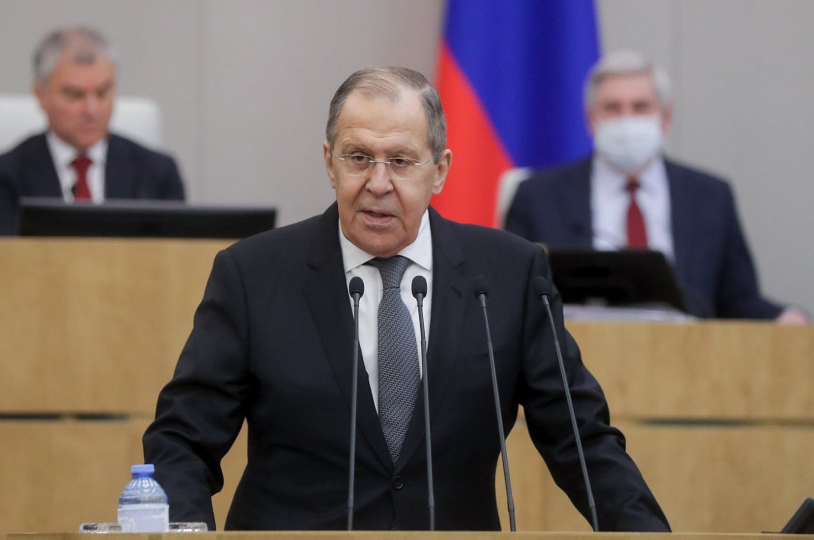 In this handout photo released by the State Duma, the Federal Assembly of the Russian Federation Press Service, Russian Foreign Minister Sergey Lavrov addresses the State Duma, the lower house of the Russian Parliament, Moscow, Russia, Jan. 26, 2022. (AP Photo)