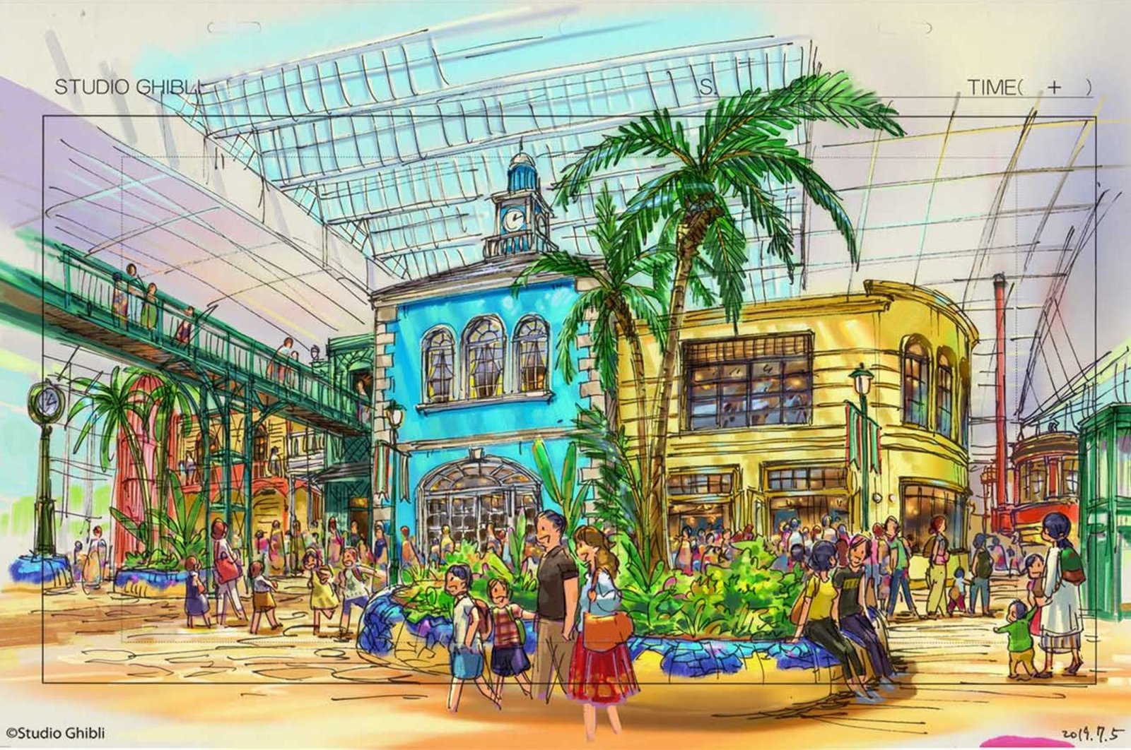 Concept art shows the Large Warehouse Area at the Studio Ghibli theme park. (Courtesy of Studio Ghibli)