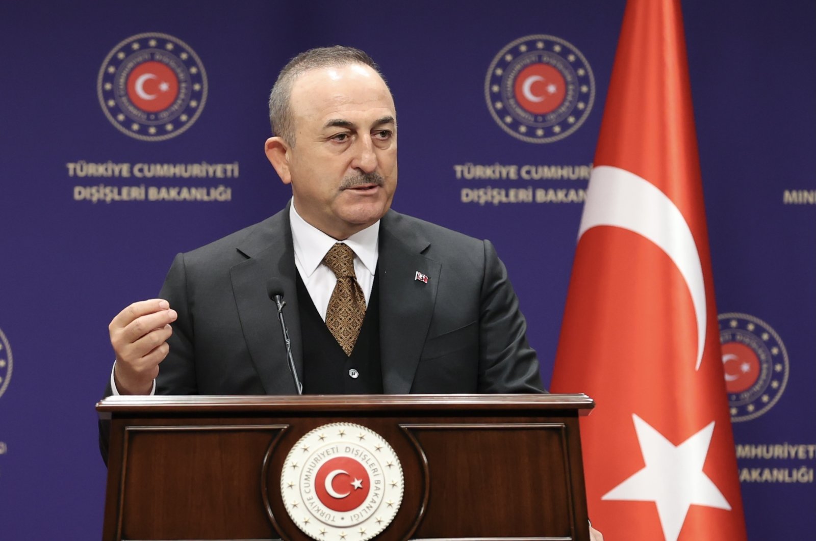 Foreign Minister Mevlüt Çavuşoğlu speaks during a joint press conference in the capital Ankara, Turkey, Jan. 27, 2022. (AA Photo)