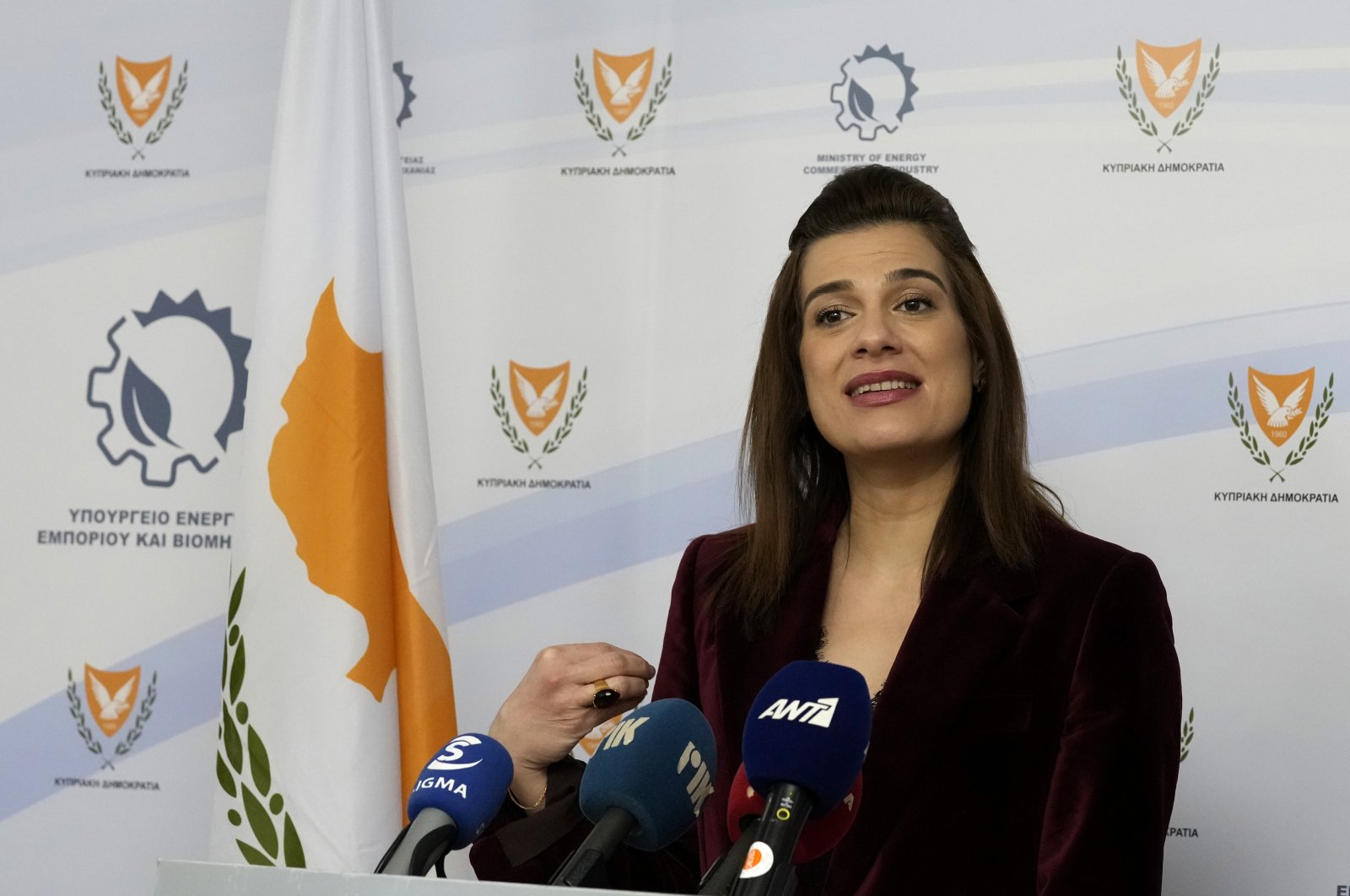 Greek Cypriot Energy Minister Natasa Pilides talks to the media during a press conference at the Energy Ministry in Nicosia (Lefkoşa), Greek Cyprus, Jan. 27, 2022. (AP Photo)