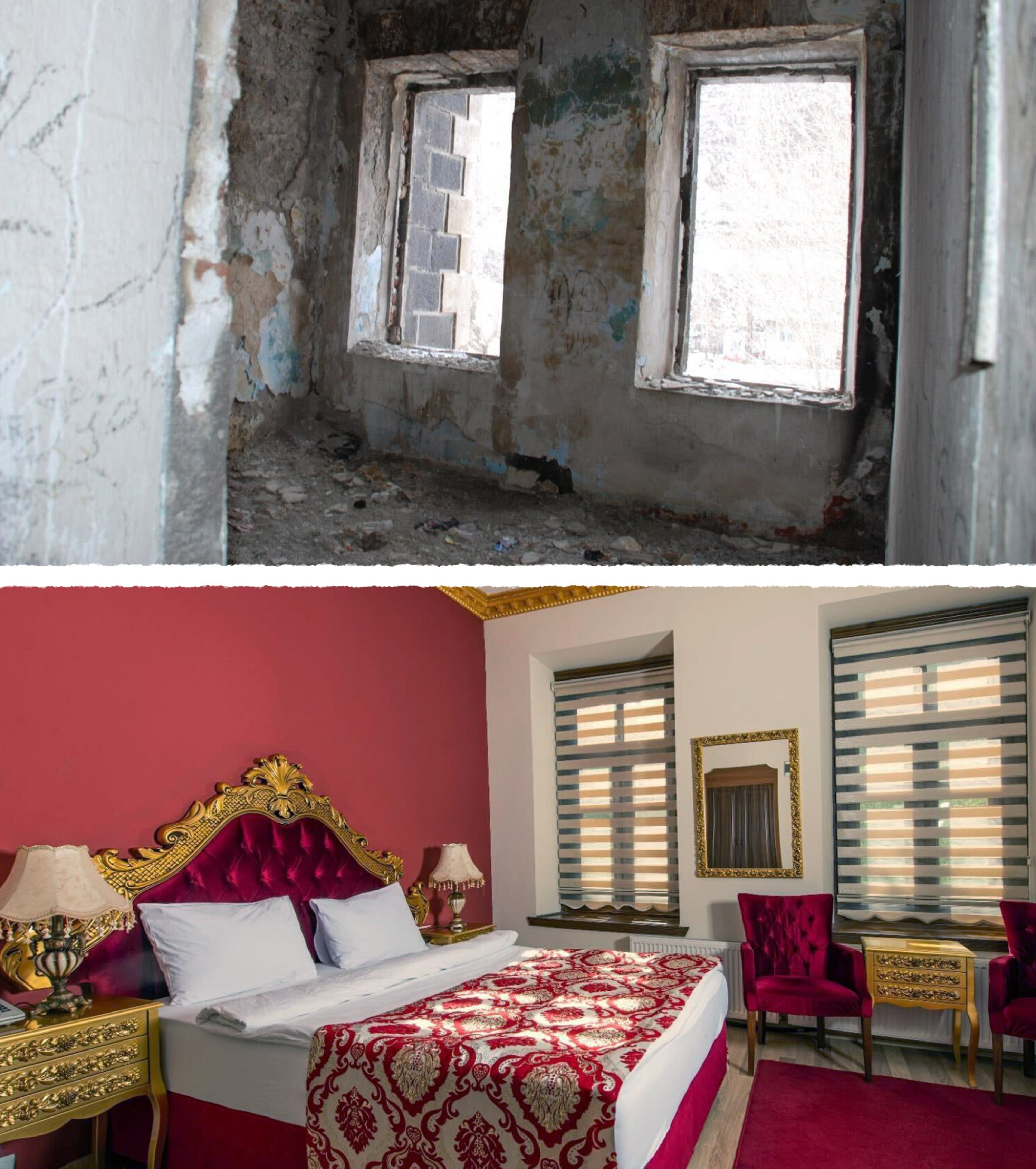 The views of the Katherina Palace before (up) and after restoration. (Asene Asanova for Daily Sabah)