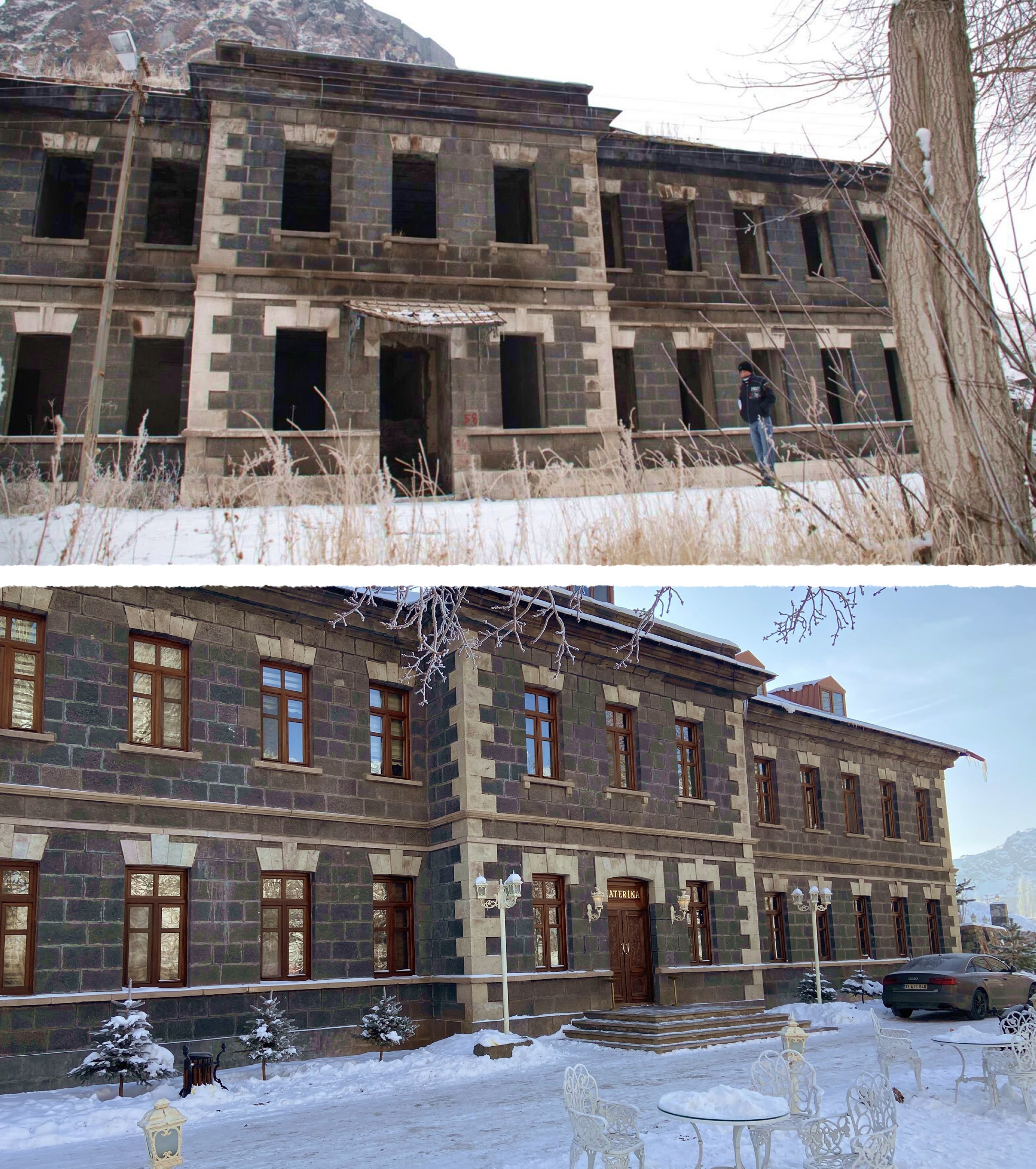The views of the Katherina Palace before (up) and after restoration. (Asene Asanova for Daily Sabah)