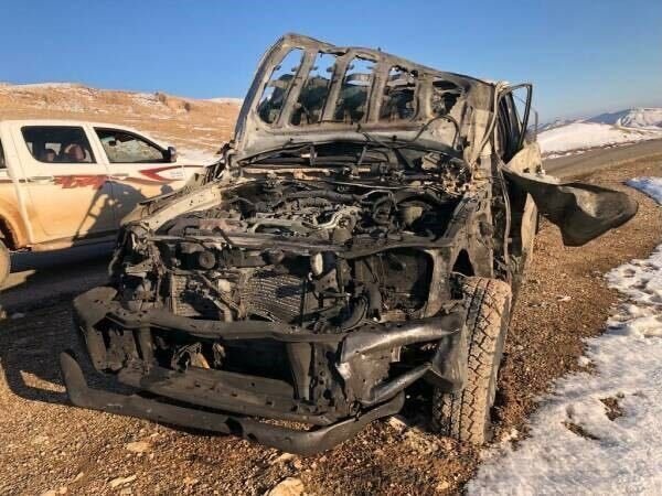 The charred remains of the vehicle of Sileman Şemo Yusuf that was hit in a National Intelligence Organization (MIT) operation in the northern Iraqi province of Sinjar.