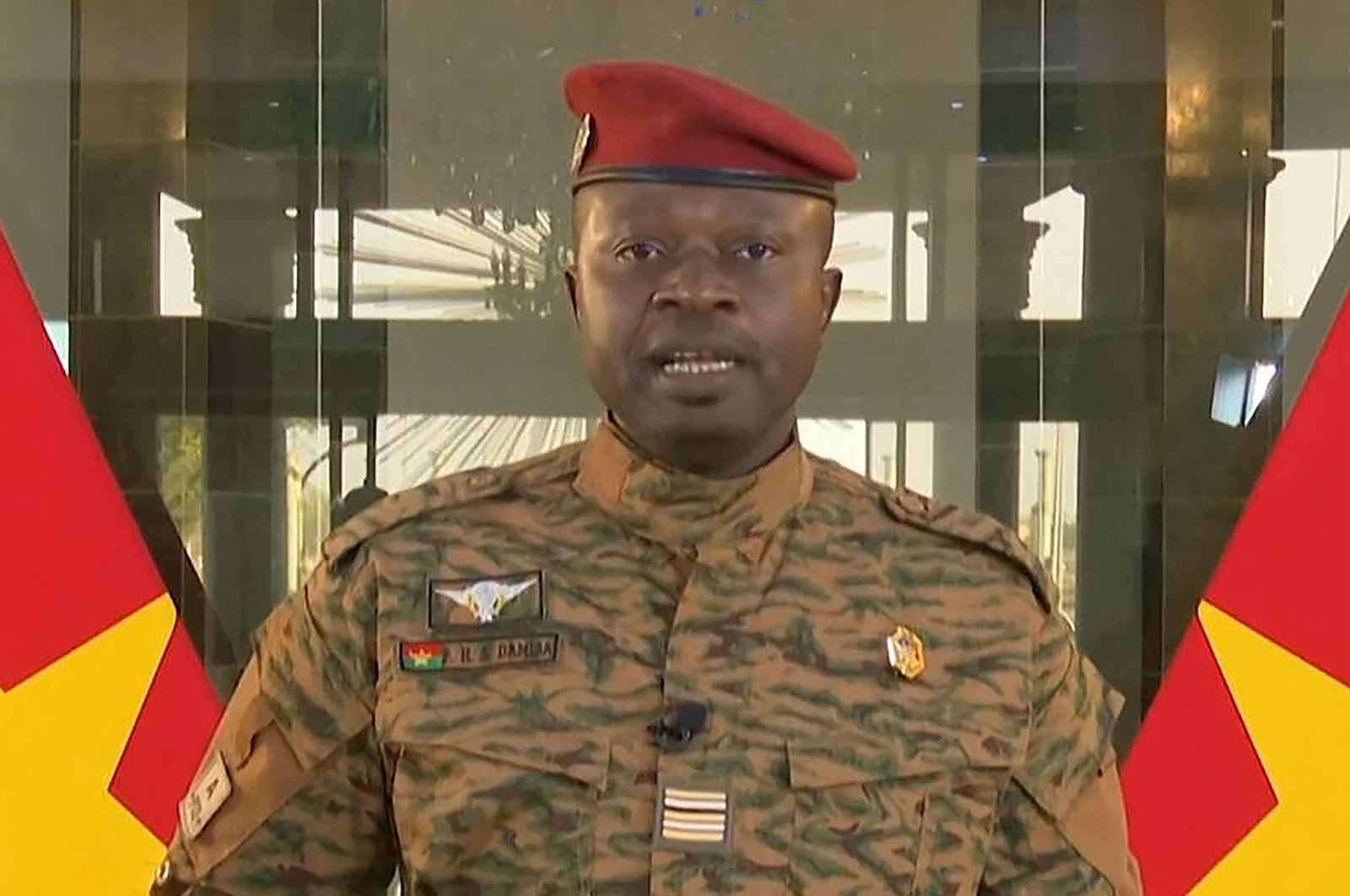 The leader of Burkina Faso&#039;s new military junta Paul Henri Sandaogo Damiba speaks during a televised address, three days after the overthrow of Burkina Faso&#039;s president, in this screengrab from a handout video released by Radiodiffusion Télévision du Burkina on Jan. 22, 2022. (Radiodiffusion Télévision du Burkina via AFP Photo)