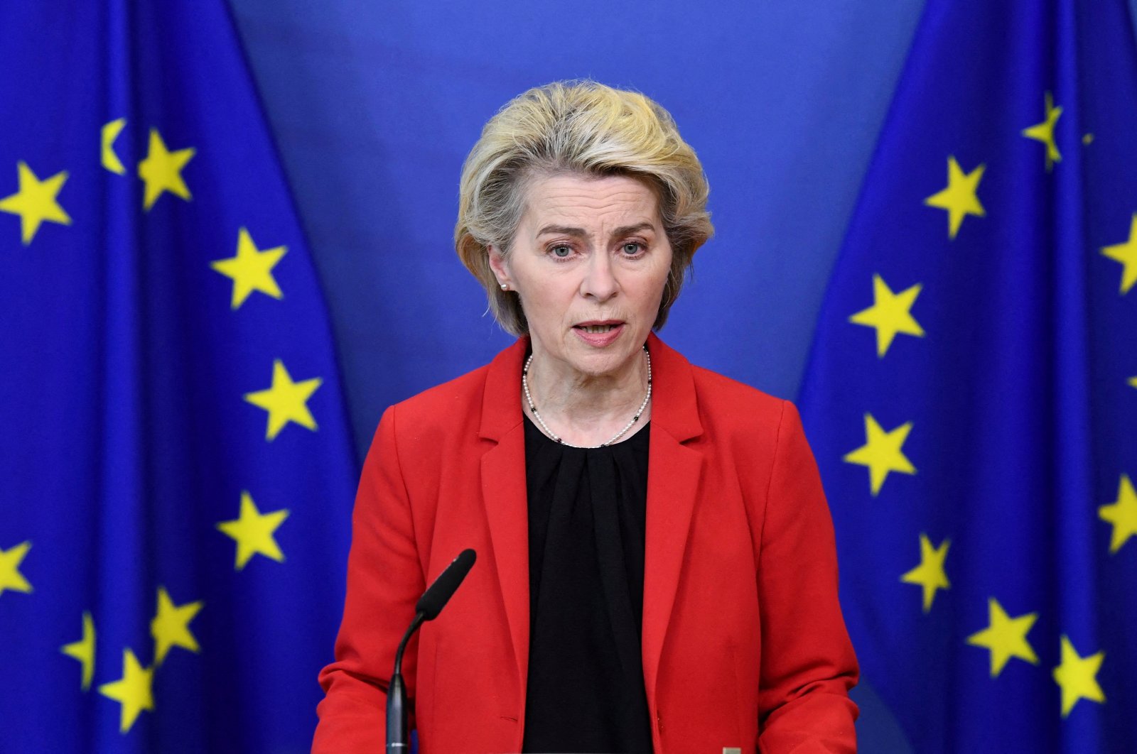 European Commission President Ursula von der Leyen gives a statement on Ukraine at the EU headquarters in Brussels, Belgium, Jan. 24, 2022. (Reuters Photo)