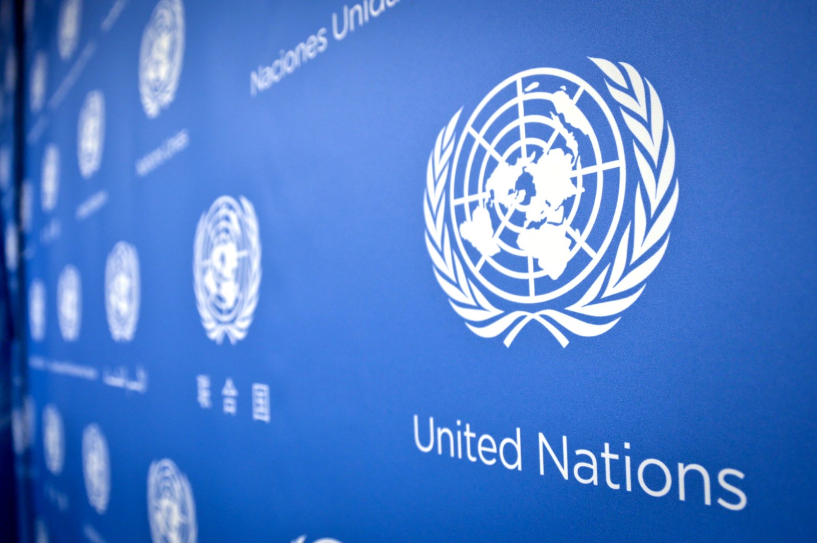 U.N. logo pattern on a press conference background at the United Nations headquarters, New York, U.S., Sept. 3, 2013. (AP File Photo)