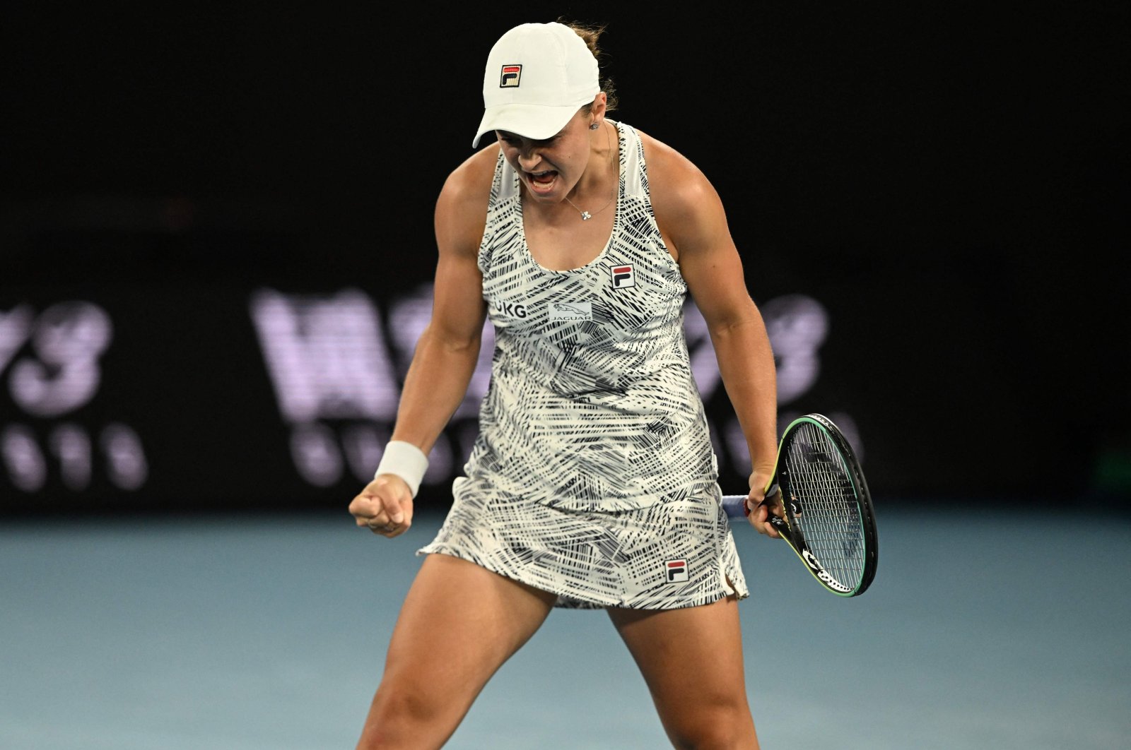 Australia&#039;s Ashleigh Barty reacts after winning against Danielle Collins of the U.S. during their women&#039;s singles final match on day thirteen of the Australian Open tennis tournament in Melbourne on Jan. 29, 2022. (AFP Photo)