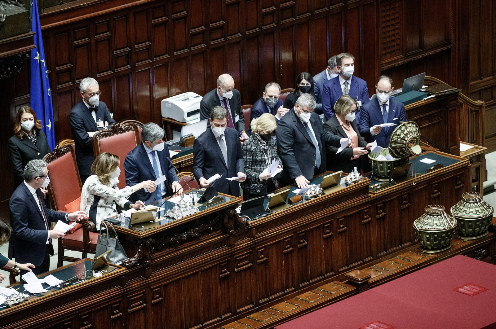  President of the Senate Maria Elisabetta Alberti Casellati and president of the Chamber of Deputies Roberto Fico during the counting of the ballots at the Lower House (Chamber of Deputies), in Rome, Italy, Jan. 29, 2022. (EPA Photo)