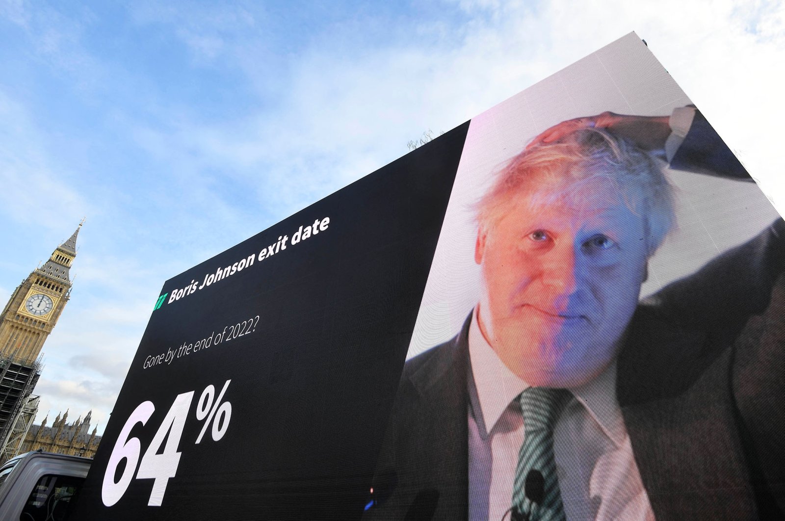 An electronic billboard displaying a prediction for the departure of British Prime Minister Boris Johnson is driven near the Houses of Parliament in London, Britain, Jan. 28, 2022. (Reuters Photo)