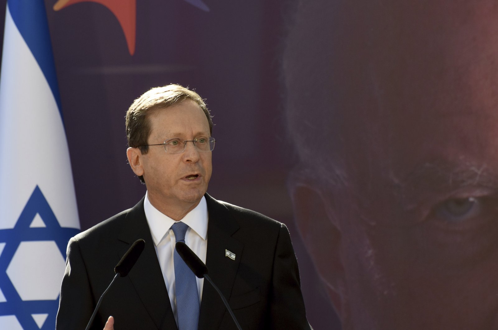 Israeli President Isaac Herzog speaks at the state memorial ceremony for the late Prime Minister Yitzhak Rabin at the Mt. Herzl Cemetery in Jerusalem, Monday, Oct. 18, 2021. (AP File Photo)