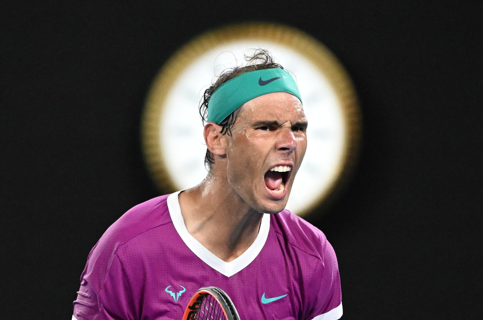 Spain&#039;s Rafael Nadal celebrates winning a game in the Australian Open final against Russia&#039;s Daniil Medvedev, Melbourne, Australia, Jan. 30, 2022. (EPA Photo)