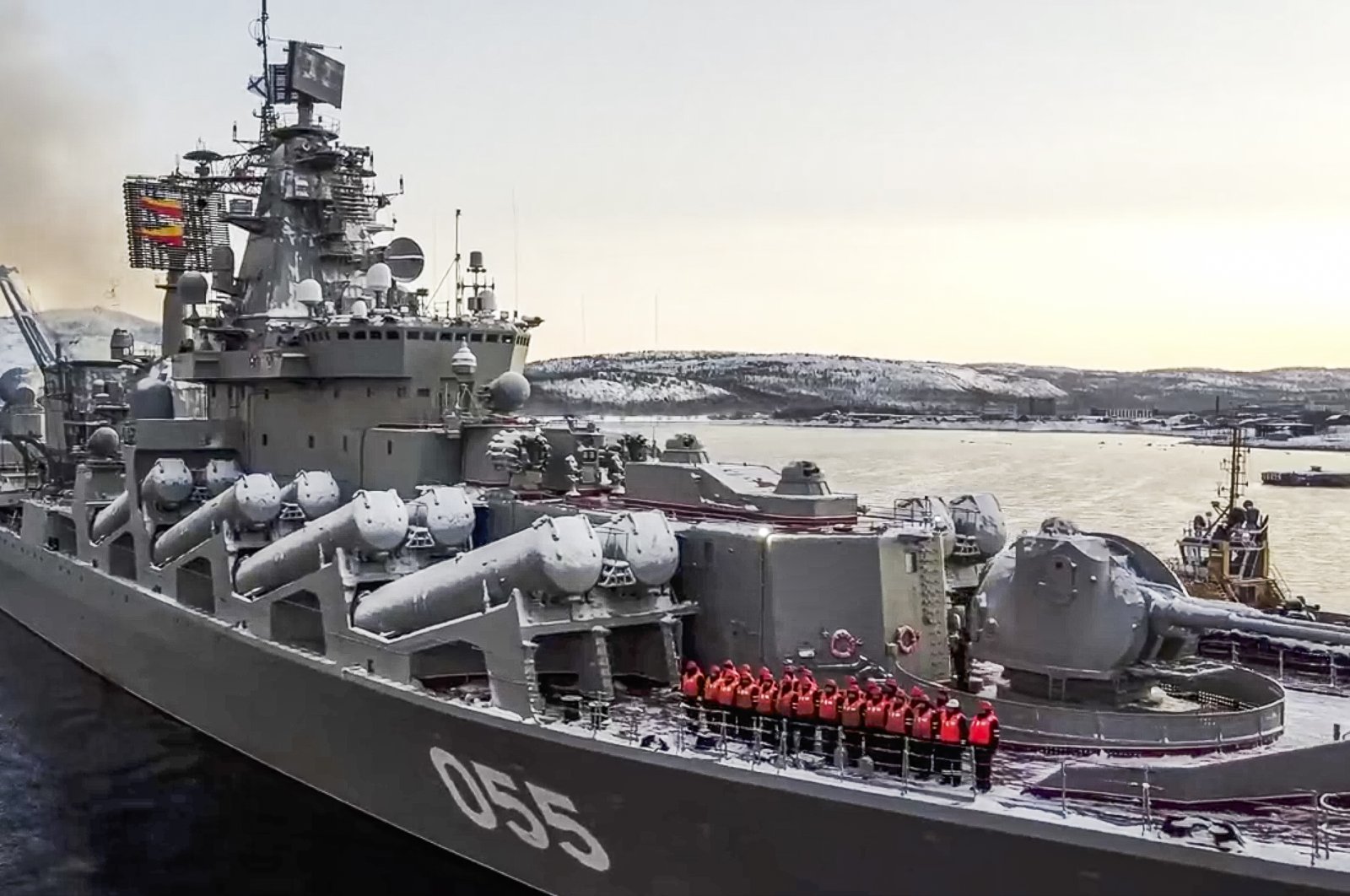 In this photo taken from a video released by the Russian Defense Ministry Press Service, the Russian navy&#039;s missile cruiser Marshal Ustinov sails off for an exercise in the Arctic, Jan. 26, 2022. (AP Photo)