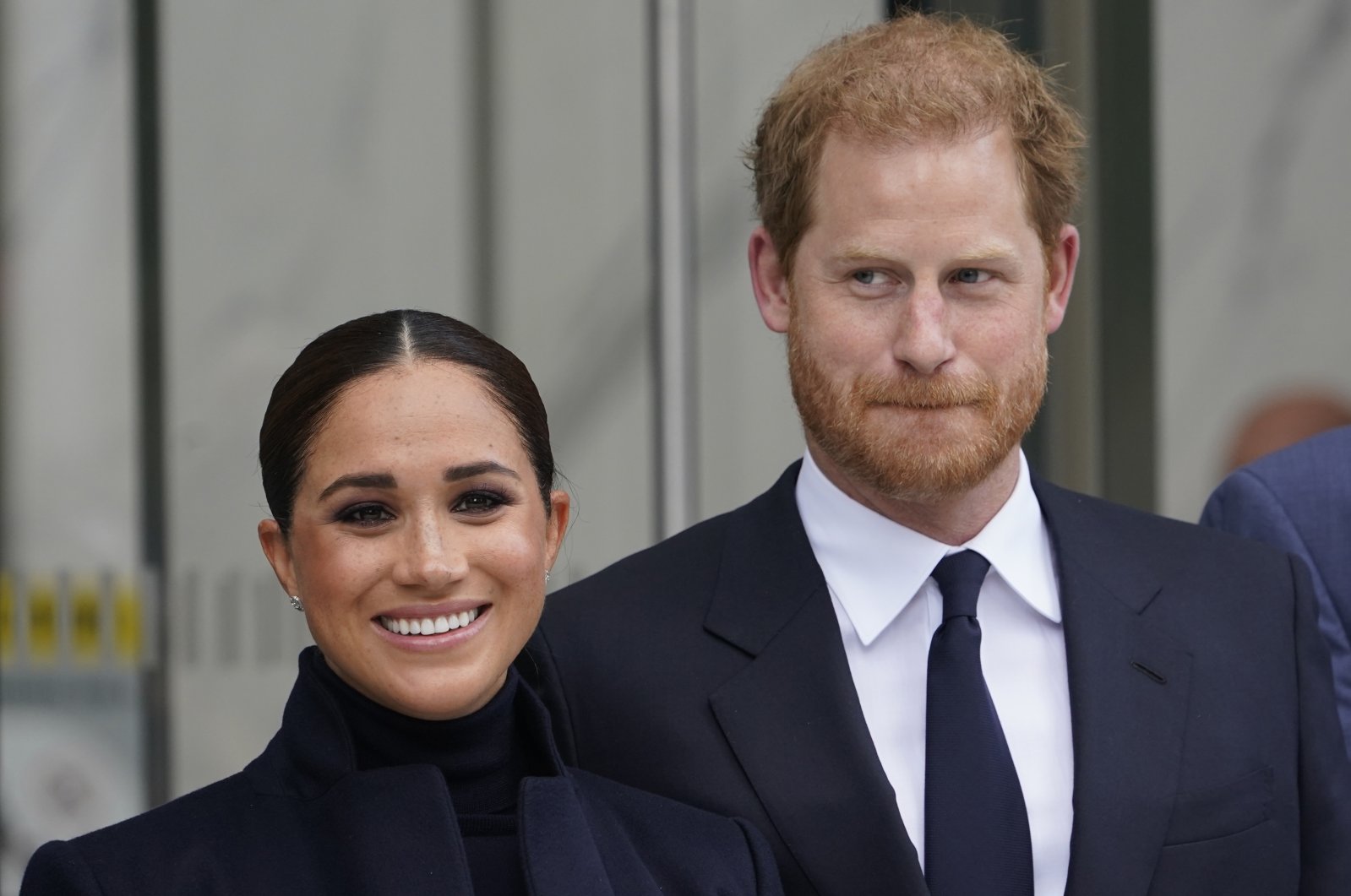 Meghan Markle and Prince Harry pose for pictures after visiting the observatory in One World Trade in New York, U.S., Sept. 23, 2021. (AP Photo)