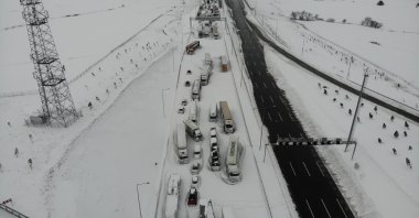 An aerial view of trucks stranded on the snowed-in Kuzey (North) Marmara Highway, in Istanbul, Turkey, Jan. 25, 2022. (IHA Photo)