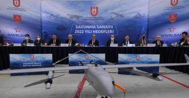 Presidency of Defense Industries (SSB) Chairperson Ismail Demir together with defense industry representatives speaking to the press in Ankara, Turkey, Jan. 31, 2022 (Courtesy of the SSB)
