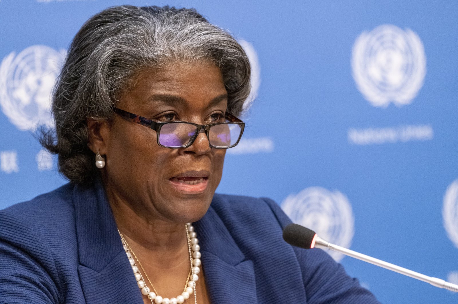 U.S. Ambassador to the United Nations Linda Thomas-Greenfield speaks to reporters during a news conference at United Nations headquarters, New York, U.S., March 1, 2021. (AP Photo)